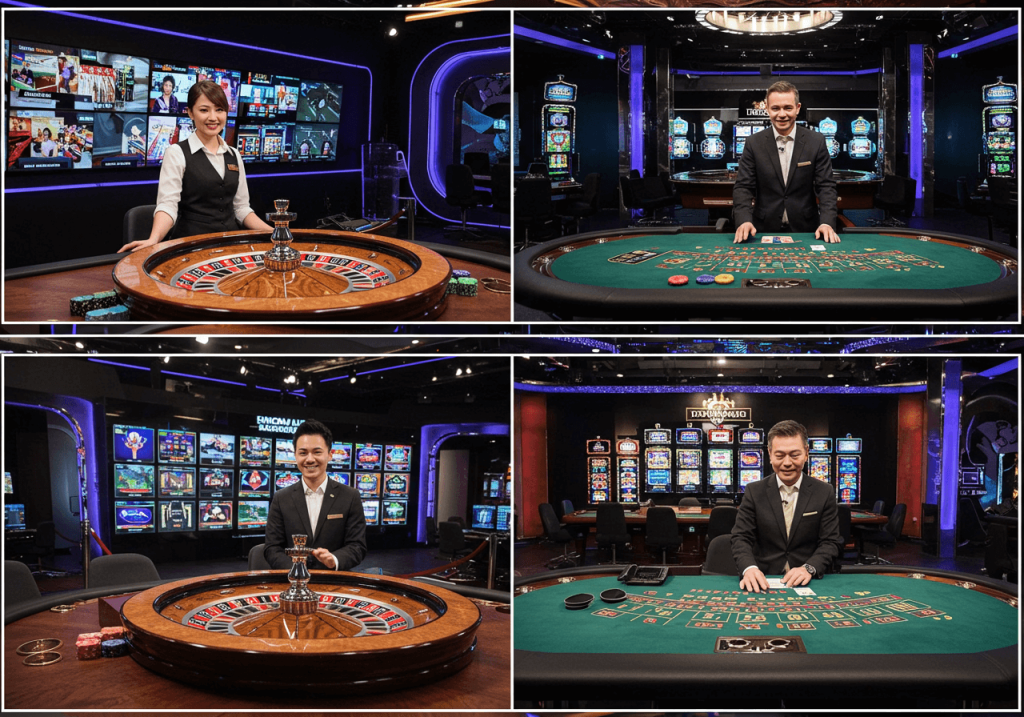 Live Casino Dealer in eleganter Umgebung, die Roulette, Blackjack und andere Tischspiele präsentieren, mit Spielautomaten im Hintergrund