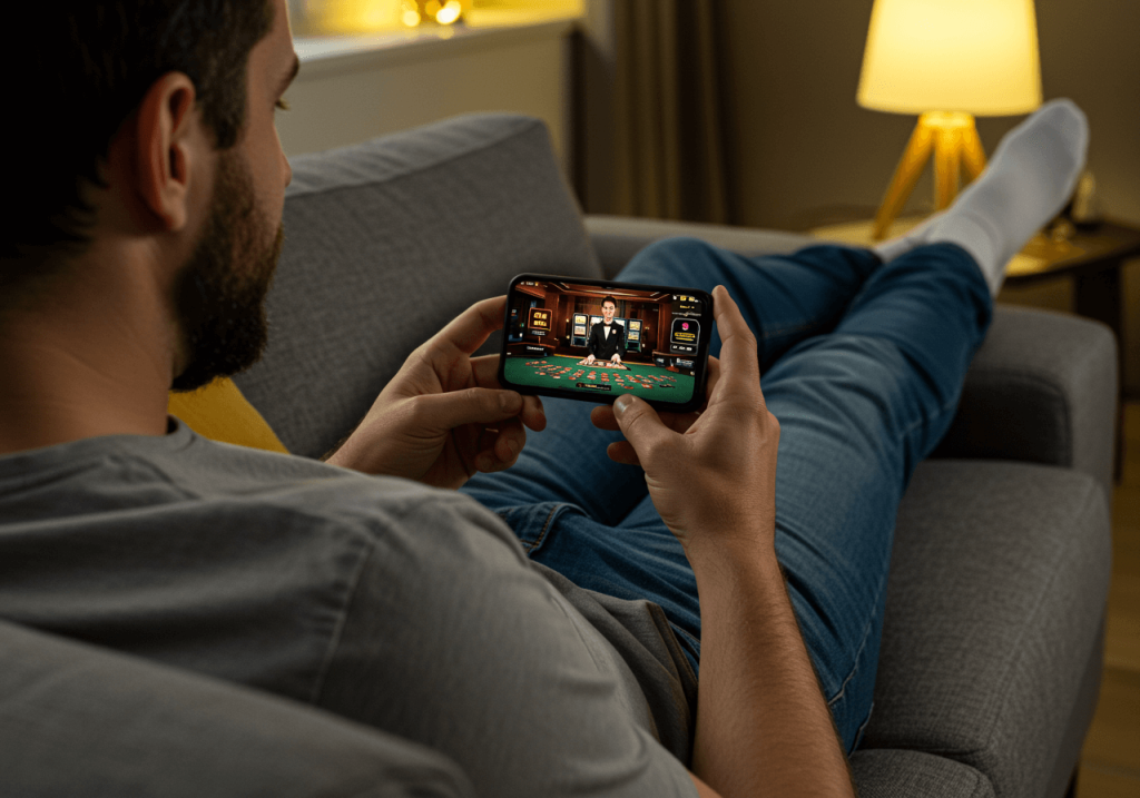 Person nutzt Tablet oder Smartphone, um Live-Casino zu spielen, mit sichtbarer mobiler Benutzeroberfläche und Live-Dealer, gezeigt an verschiedenen Orten wie Café, Zug oder Sofa, modernes Lifestyle-Gaming-Konzept