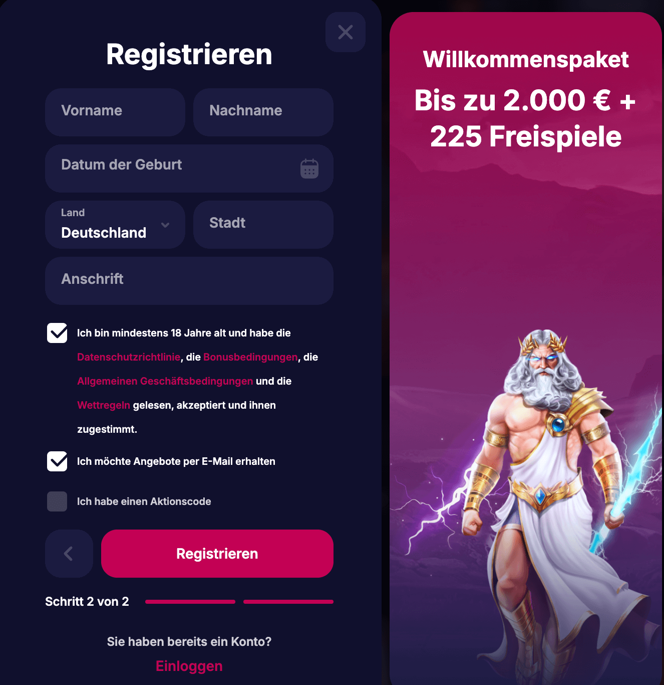 Dateneingabe bei der Registrierung