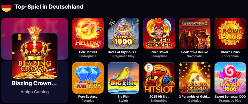 Screenshot aus einem Echtgeld Casino mit beliebten Slots wie Blazing Crown Deluxe, Hell Hot 100, Gates of Olympus 1000, Joker Stoker, Book of Ra Deluxe, Crown Coins, Pure Ecstasy, Big Fish, 2025 Hit Slot, 3 Pyramids of Gold und Sweet Bonanza 1000 – echte Spielerfahrungen und Top-Auswahl