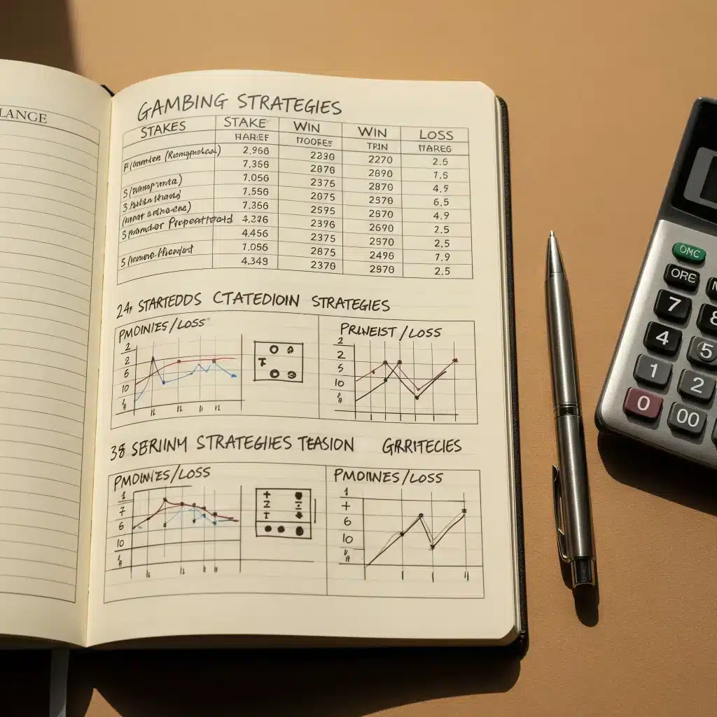 Ein aufgeschlagenes Notizbuch liegt auf einem Schreibtisch, darin sind handgeschriebene Tabellen und Diagramme zu Glücksspielstrategien zu sehen. Daneben liegt ein silberner Stift und ein Taschenrechner, die Szene ist sauber und ordentlich arrangiert.