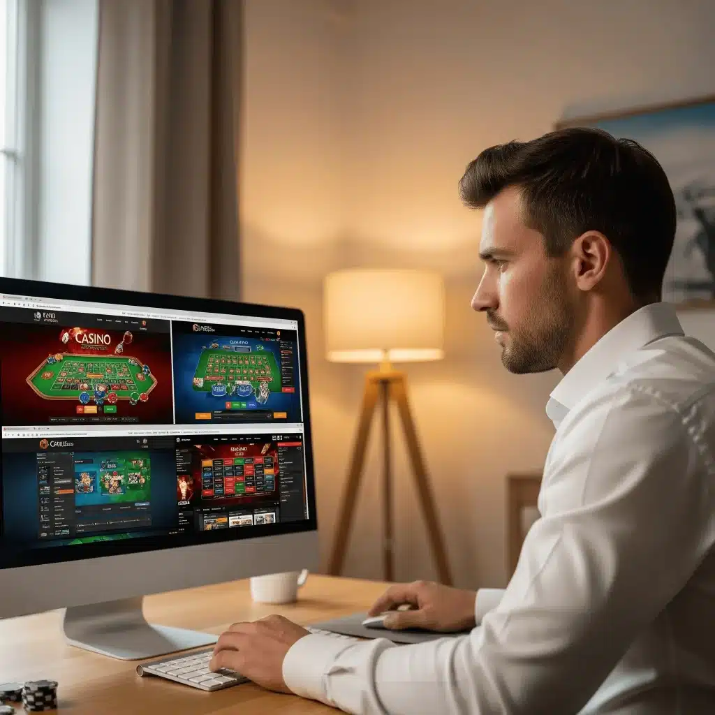 Ein 35-jähriger Mann sitzt konzentriert vor einem modernen Computer in einem aufgeräumten Home-Office. Auf dem Bildschirm sind mehrere Casino-Tabs geöffnet, während warme Beleuchtung den Raum angenehm erhellt