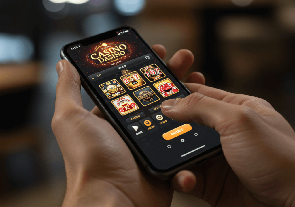 Hände halten ein Smartphone mit geöffneter Casino-App und sichtbarer moderner UI